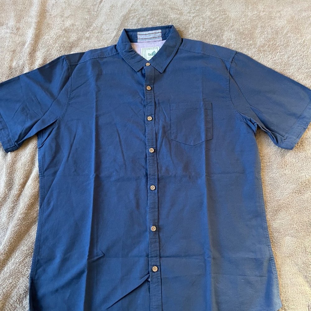 ORGANIC Blue Short Sleeve, Organic Cotton Button Down size:  L